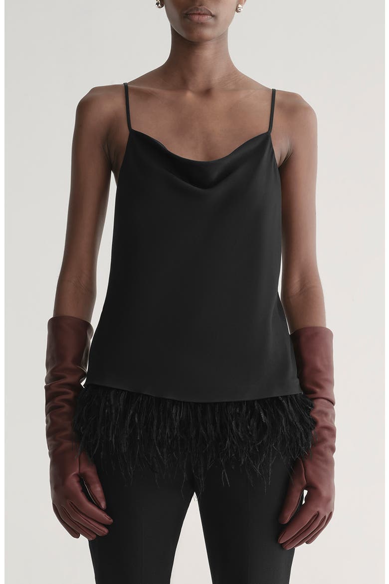 Eliza Feather Trim Satin Camisole, Main, color, BLACK