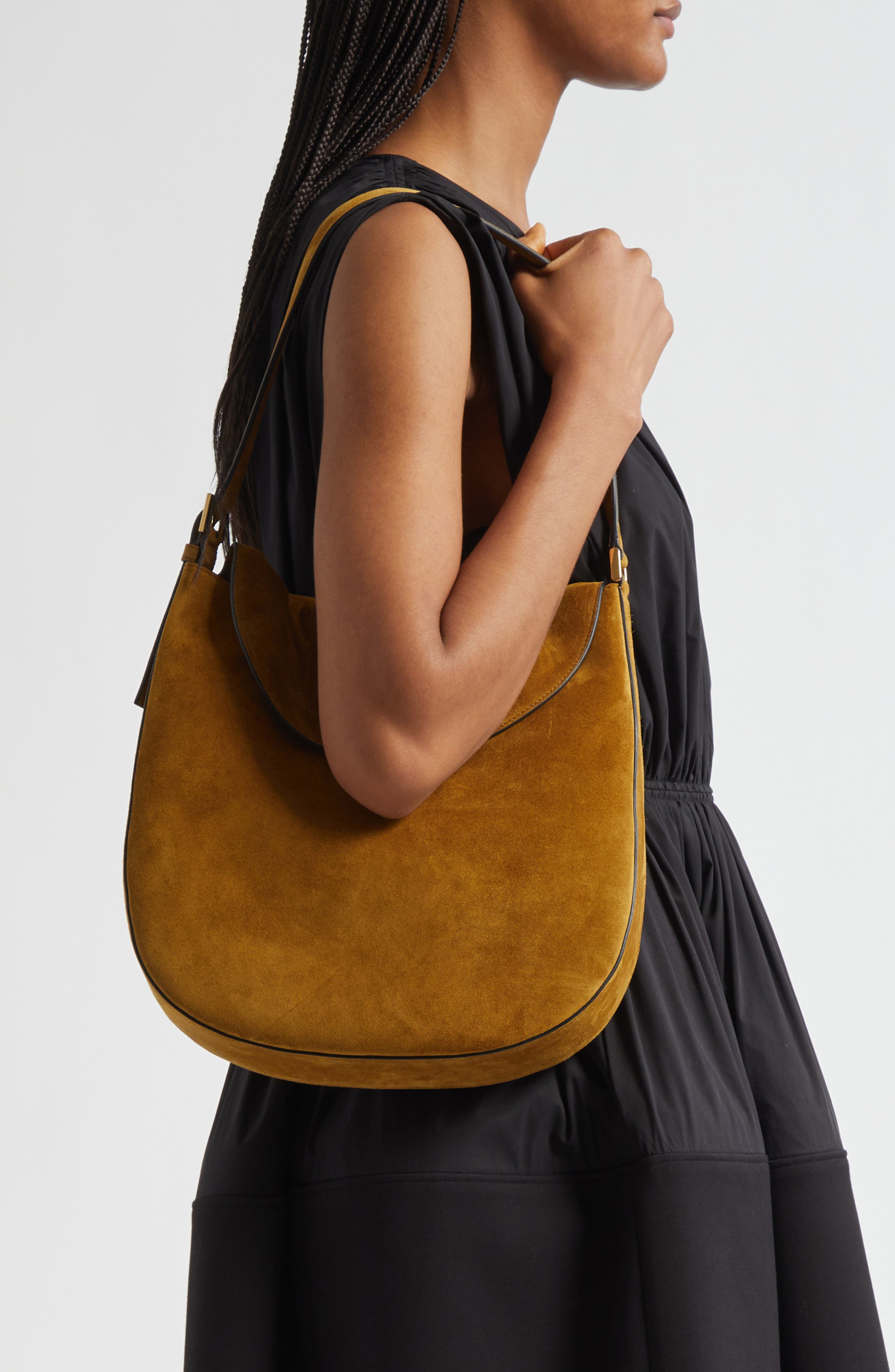 SAVETTE Large Tondo Suede Hobo Bag, Alternate, color, Sepia