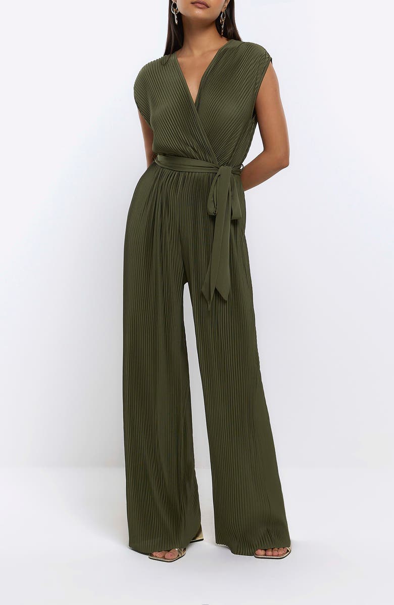 River Island Plissé Surplice Wide Leg Jumpsuit, Alternate, color, 