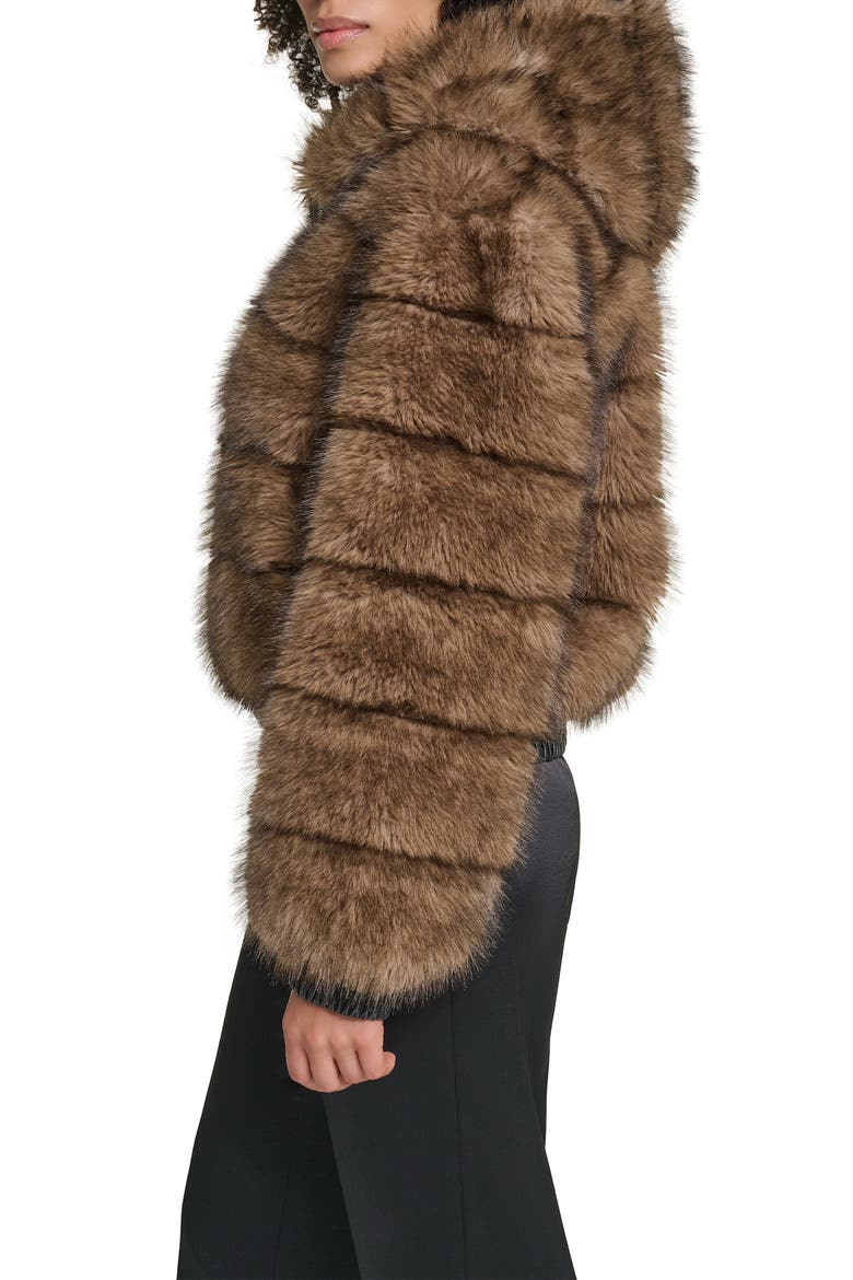 Hooded Grooved Faux Fur Jacket, Alternate, color, BROWN MULTI