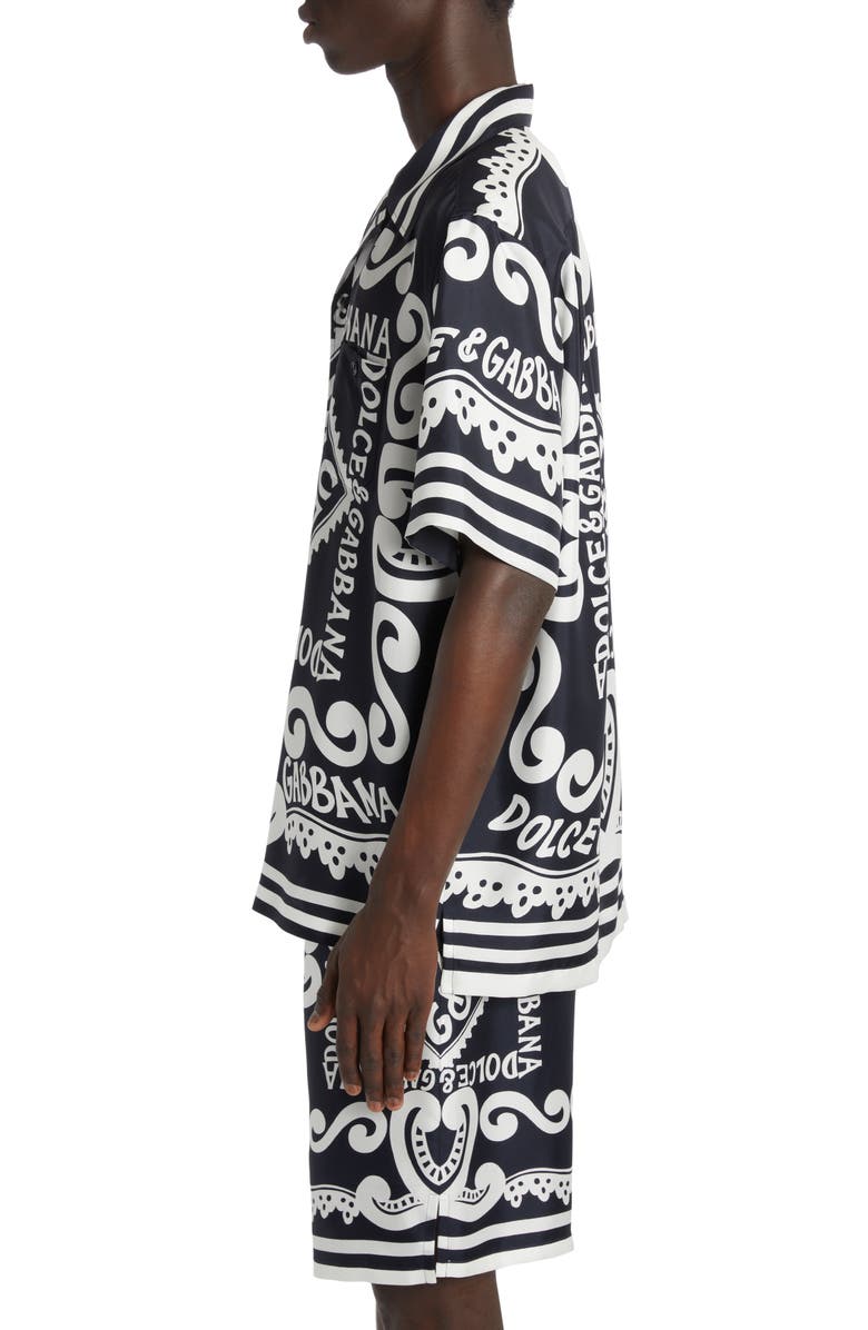 Dolce&Gabbana Marina Print Silk Twill Button-Up Shirt, Alternate, color, Marina Blue