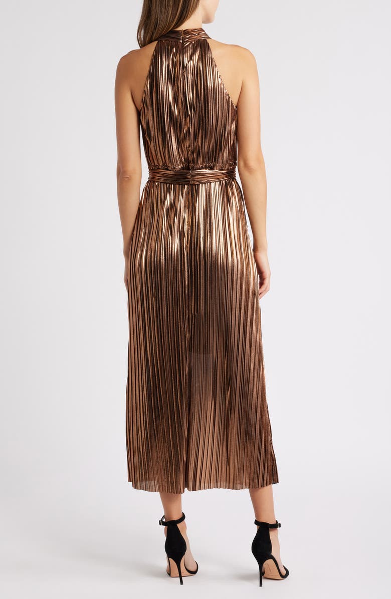 Anne Klein Metallic Plissé Tie Waist Maxi Dress, Alternate, color,