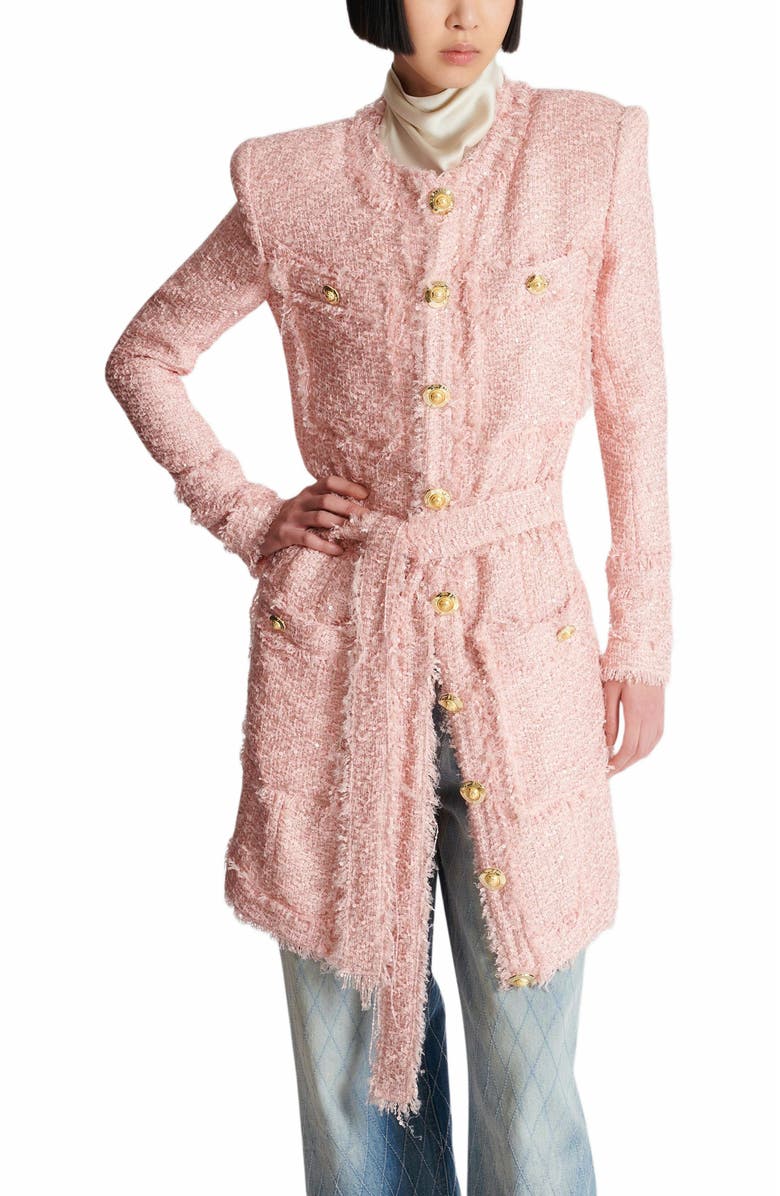 Balmain Sequinned Tweed Edge-To-Edge Jacket, Alternate, color, Pink