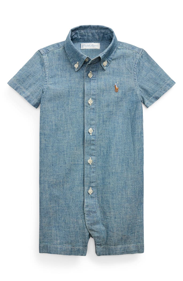 Ralph Lauren Chambray Button-Down Polo Romper, Main, color, Quincy Wash