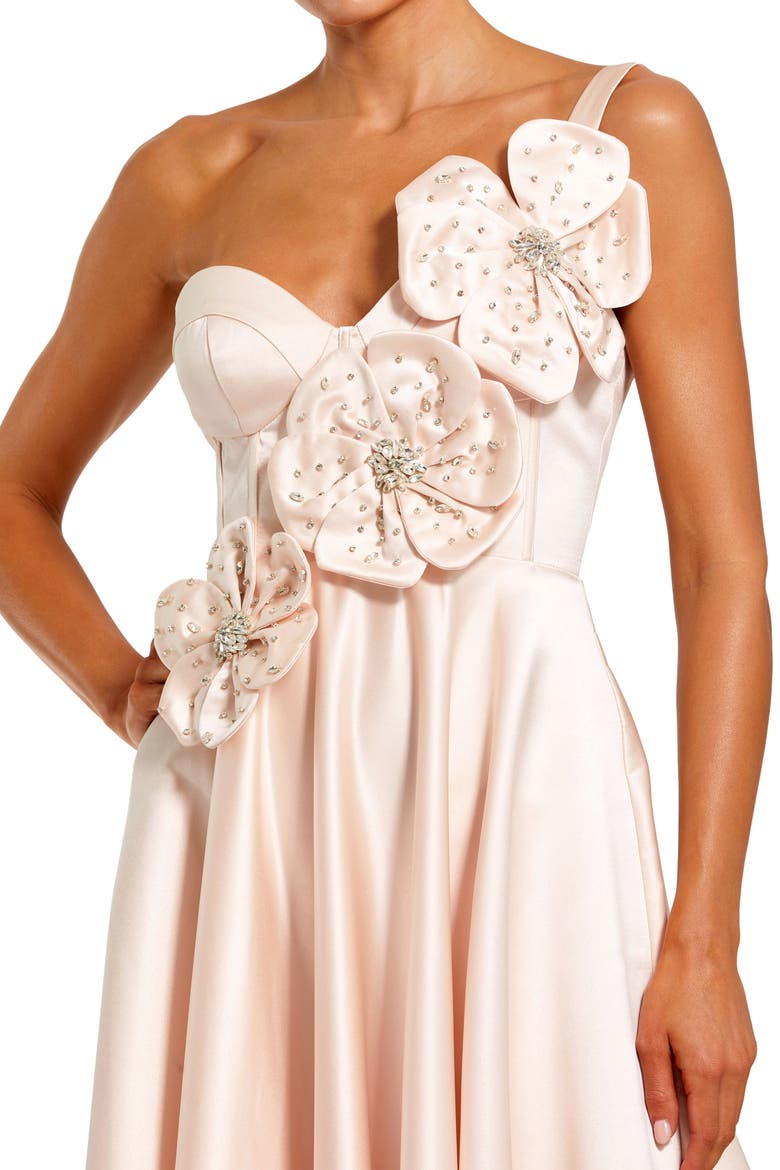 Strapless Satin Bustier Gown With 3D Flowers, Alternate, color, Oyster