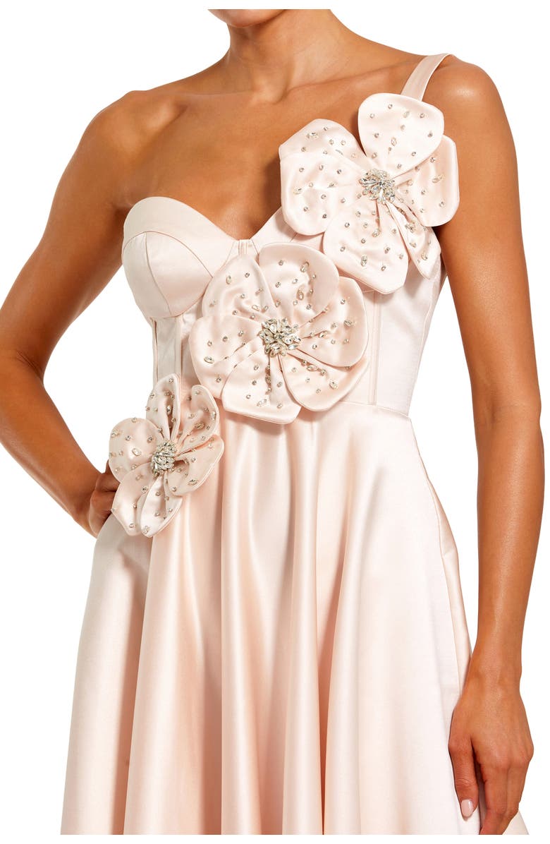 Mac Duggal Strapless Satin Bustier Gown With 3D Flowers, Alternate, color, Oyster