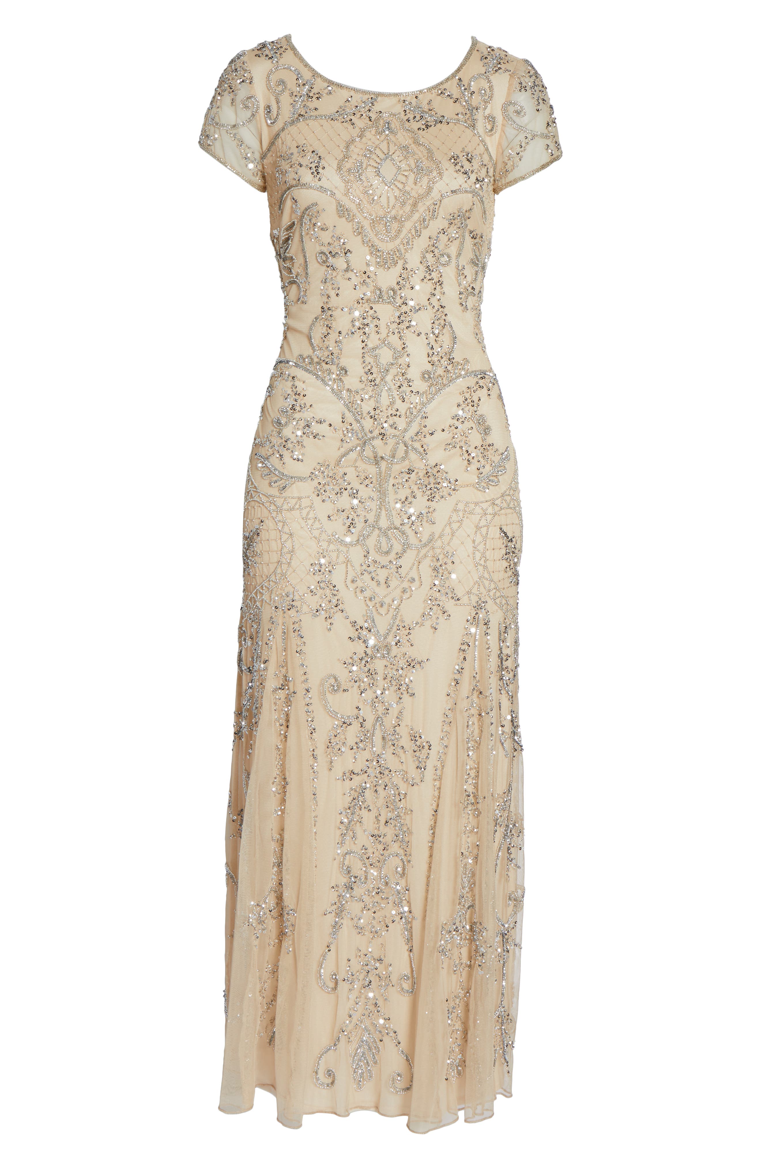 beaded mesh midi cocktail dress pisarro nights Pisarro Nights Petite Size Beaded Mesh Short Sleeve Midi Dress