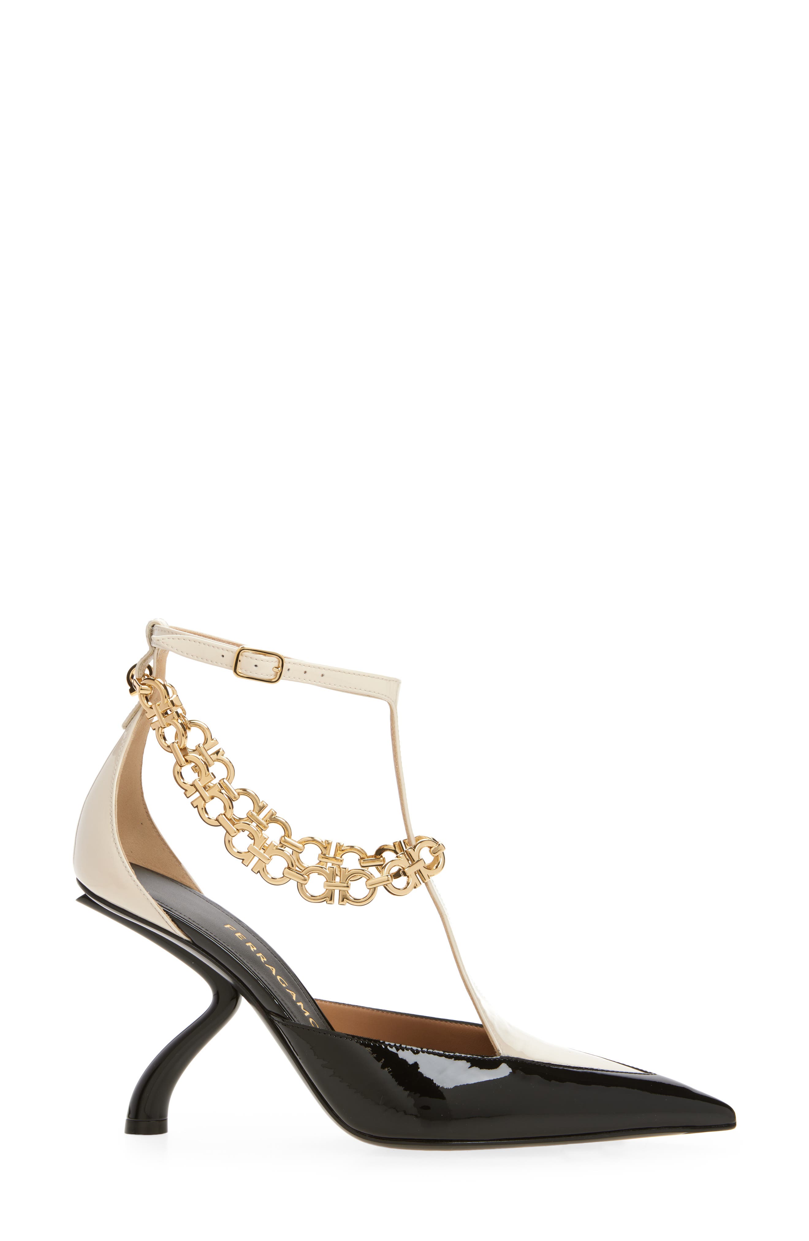 FERRAGAMO Rupy Gancini Chain T-Strap Pump, Alternate, color, Black