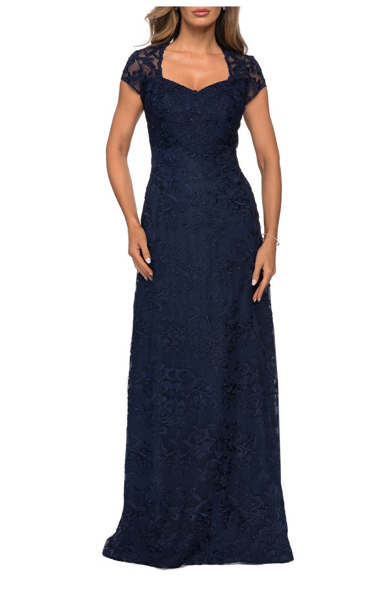 La Femme Cap Sleeve Floral Gown with Sweetheart Neckline, Main, color, Navy