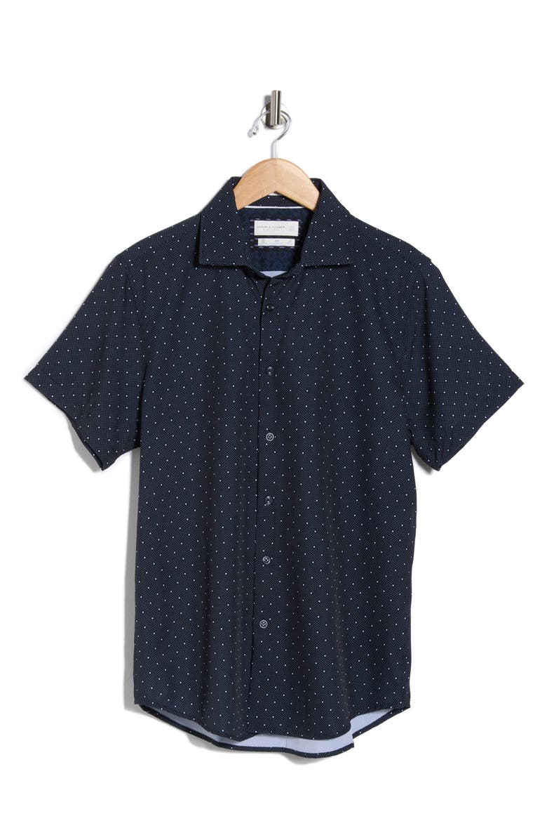 DENIM AND FLOWER Micro Dot Tech Short Sleeve Button-Up Shirt, Main, color, Navy