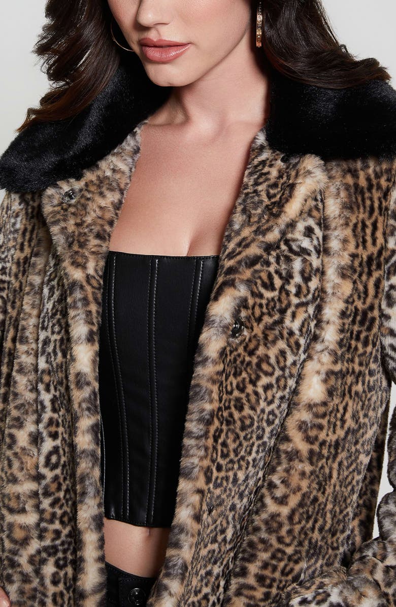 GUESS Petra Leopard Print Faux Fur Coat, Alternate, color,