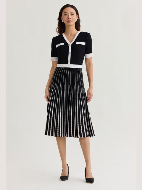 Fit & Flare Two-Tone Soft Knit Midi Dress