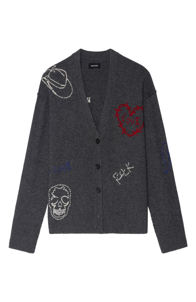 Zadig & Voltaire Mirkaz West Graph Embroidered Cashmere Cardigan, Alternate, color, Anthracite