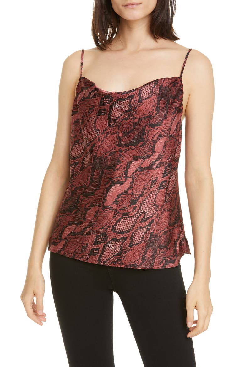 Kay Cowl Neck Python Print Silk Tank, Main, color, GARNET/ BLACK