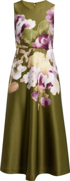 Anne Klein Floral Print Sleeveless Satin Midi Dress