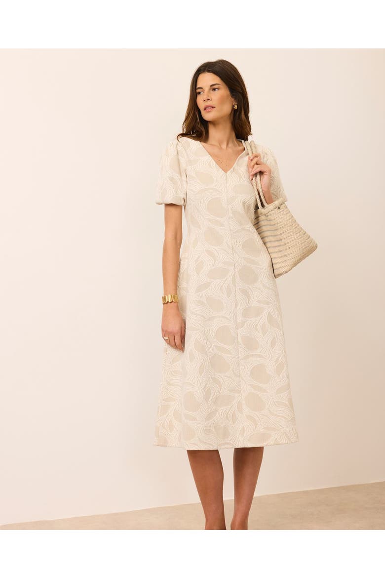 Jacquard Puff Sleeve Midi Dress, Alternate, color, Cream