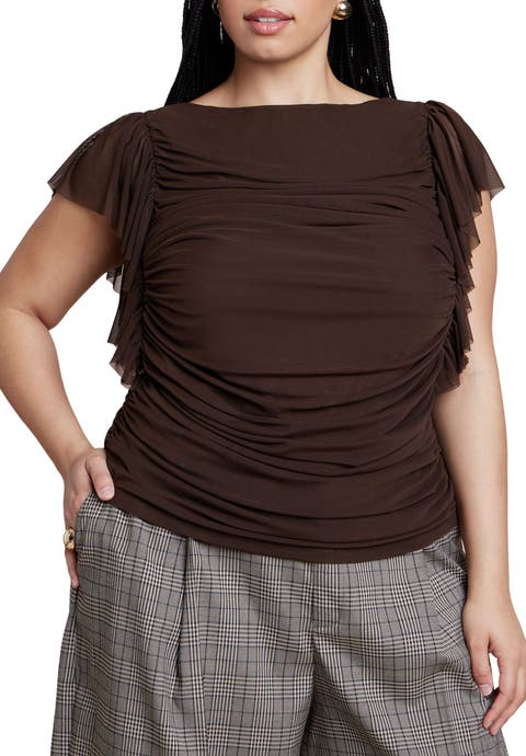 Shirred Mesh Top With Shoulder Flounces (Plus)