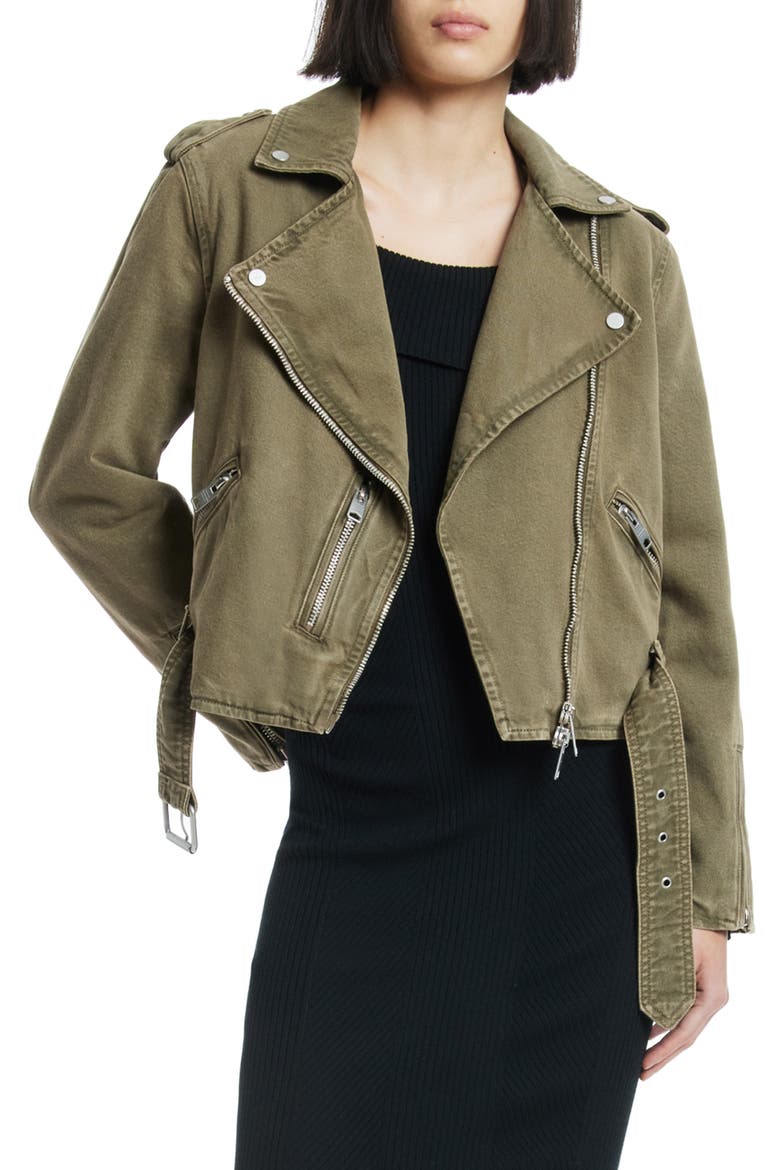 Balfern Denim Biker Jacket, Main, color, DEEP OLIVE GREEN