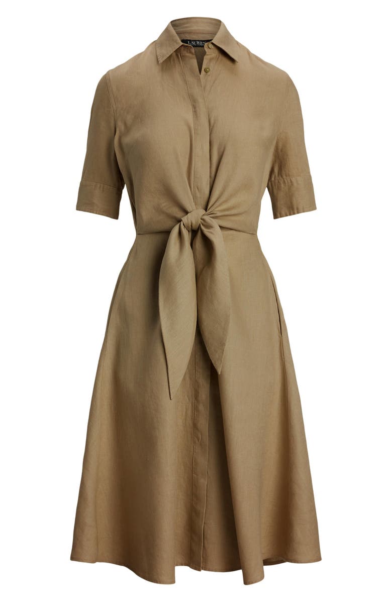 Lauren Ralph Lauren Tie Front Linen Shirtdress, Alternate, color, Madison Tan
