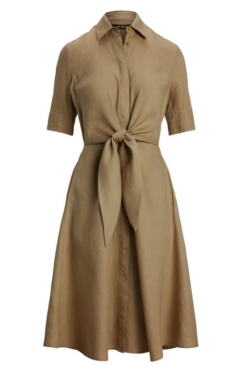 Ralph Lauren Tie-front Linen Shirtdress In Madison Tan