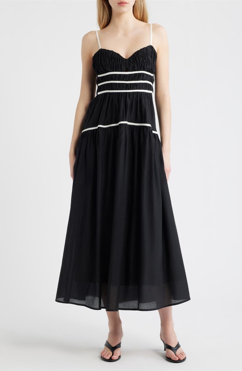 MOON RIVER Shirred Tiered Midi Sundress, Main, color, Black
