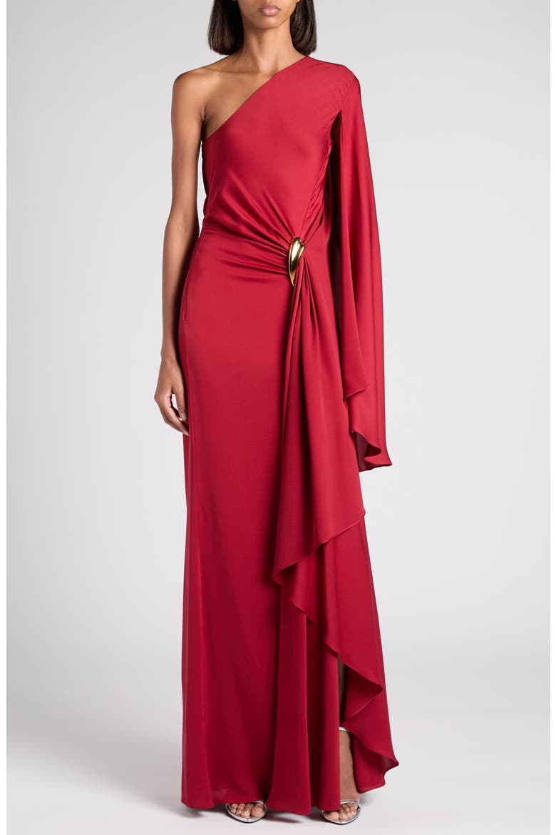 One-Shoulder Belt Detail Silk Satin Gown, Main, color, ER402 CRIMSON