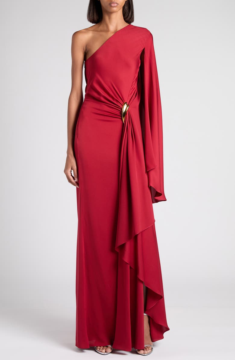TOM FORD One-Shoulder Belt Detail Silk Satin Gown, Main, color, Er402 Crimson