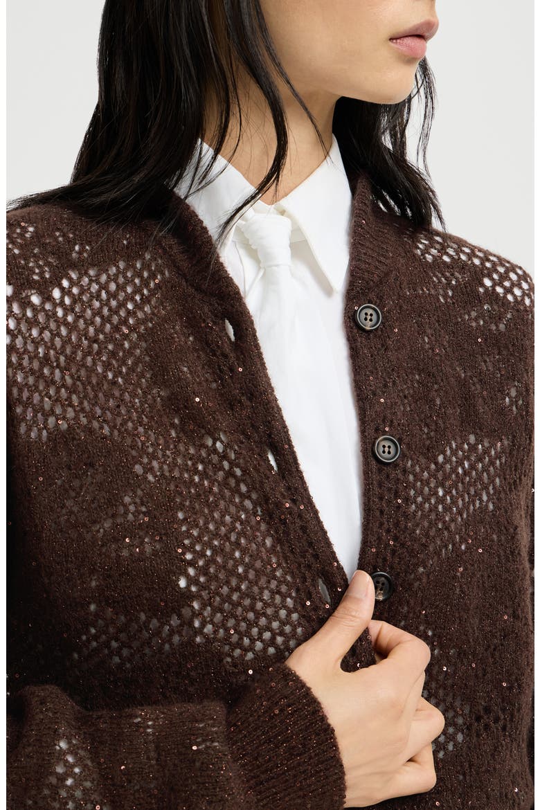 Lace flowers cardigan in sparkling mohair and virgin wool, Alternate, color, Brown