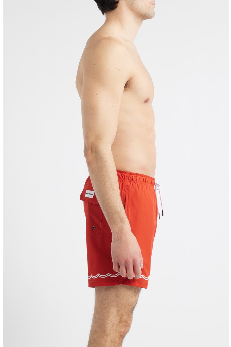 Rust Waves Embroidered Swim Trunks, Alternate, color, RED