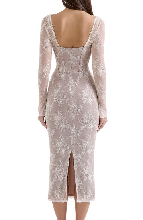 House Of Cb Saisha Long Sleeve Lace Cocktail Midi Dress In Vintage Cream