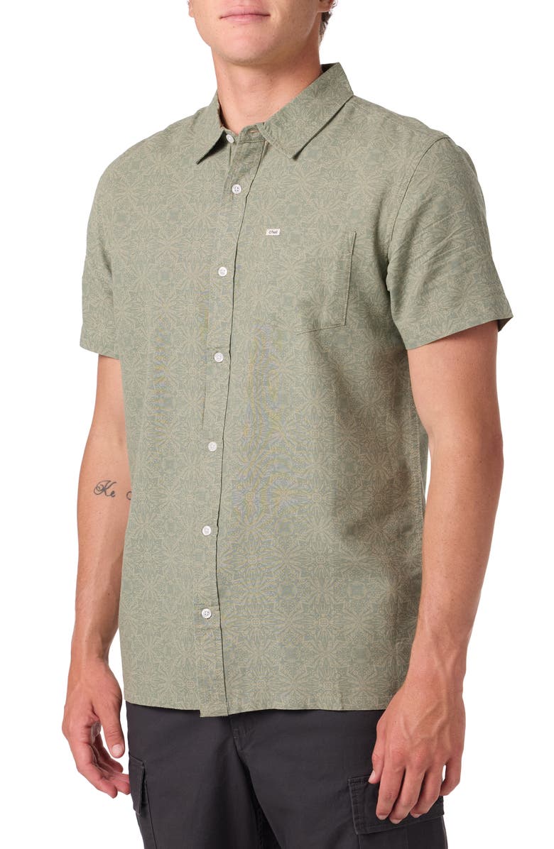 O'Neill O'Riginals Eco Print Standard Fit Short Sleeve Button-Up Shirt, Alternate, color, Clover