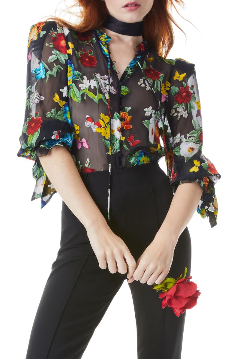 Alice + Olivia Julius Floral Print Tie Sleeve Blouse, Main, color,