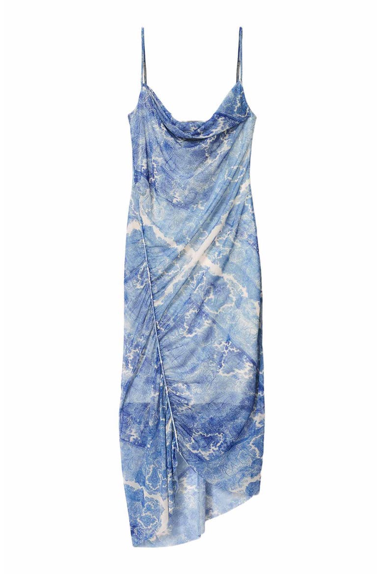 Ulla Paisley Print Ruched Asymmetric Hem Midi Dress, Alternate, color, JOANNE BLUE