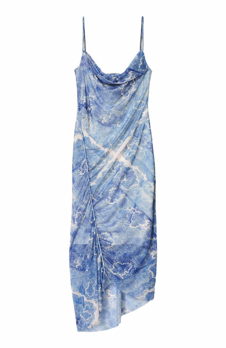 AllSaints Ulla Paisley Print Ruched Asymmetric Hem Midi Dress, Alternate, color, Joanne Blue