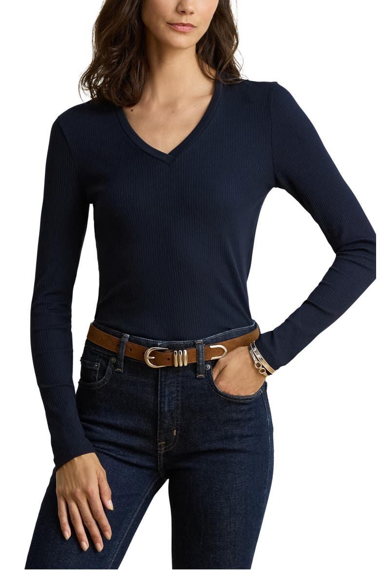 Rib Long Sleeve V-Neck Top, Main, color, LAUREN NAVY BLUE