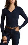 Lauren Ralph Lauren Rib Long Sleeve V-Neck Top