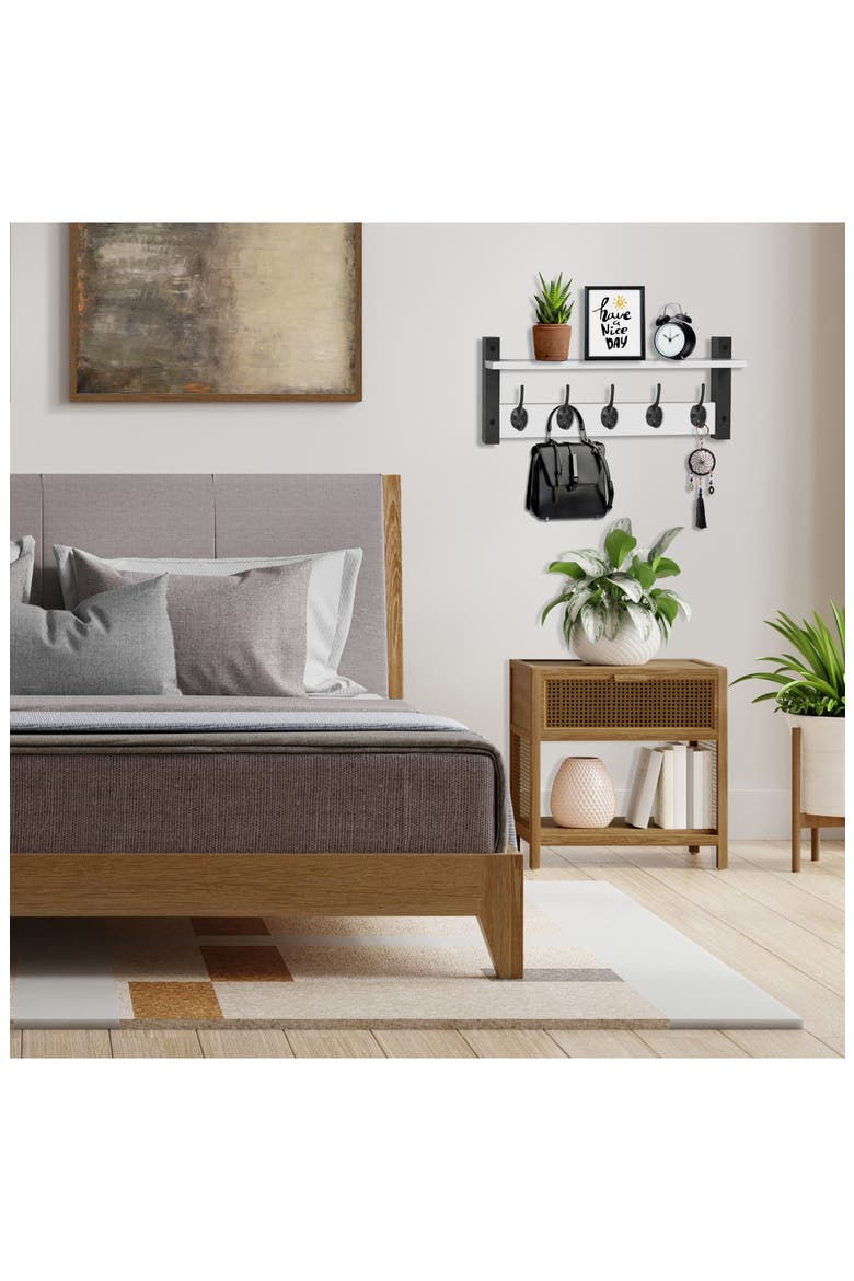 24-Inch Floating Wall Shelf with Hooks, Alternate, color, WHITE