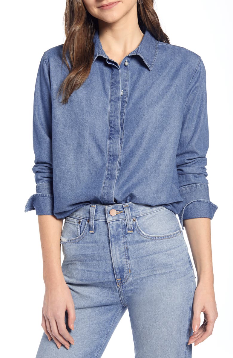 Something Navy Fem Chambray Button Up Shirt, Main, color, 