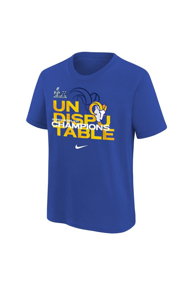 Youth Nike Royal Los Angeles Rams Super Bowl LVI Champions Slogan T-Shirt, Alternate, color, Royal