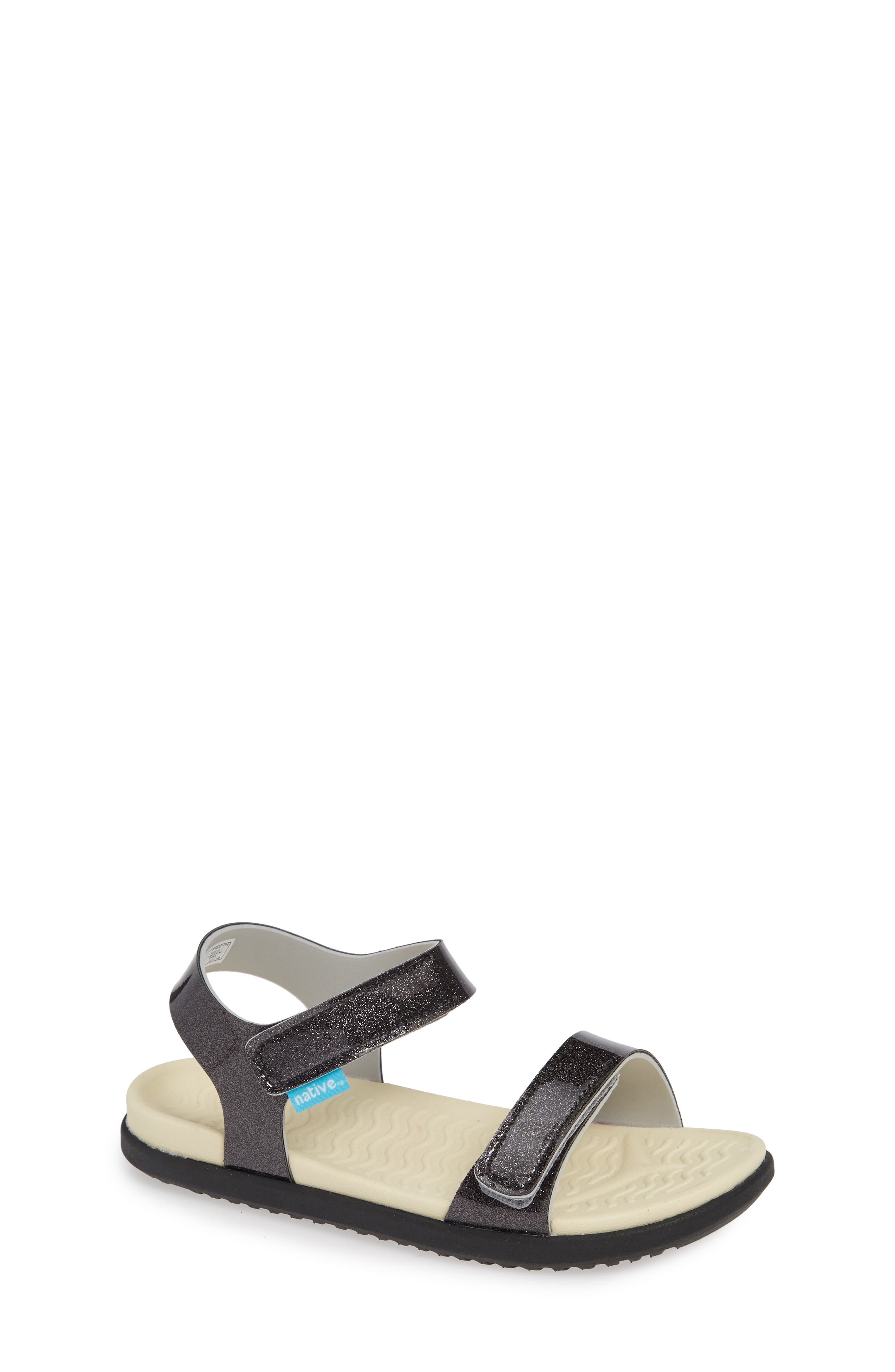 Charley Child Waterproof Flat Vegan Sandal, Main, color, BLACK GLITTER/ BONE WHITE