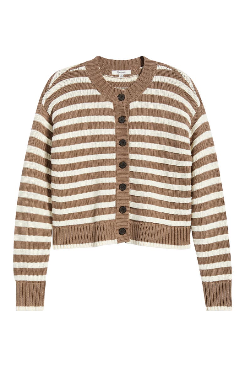 Button Front Cotton Crewneck Cardigan, Alternate, color, LIGHT UMBER AND IVORY