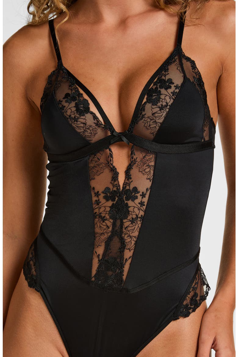 Peonie Lace Bodysuit with Garters, Alternate, color, CAVIAR