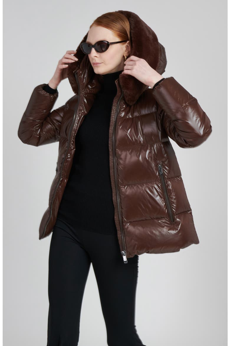 Water Resistant Nylon Down Puffer Coat with Faux Fur Trim, Alternate, color, DARK COFFEE