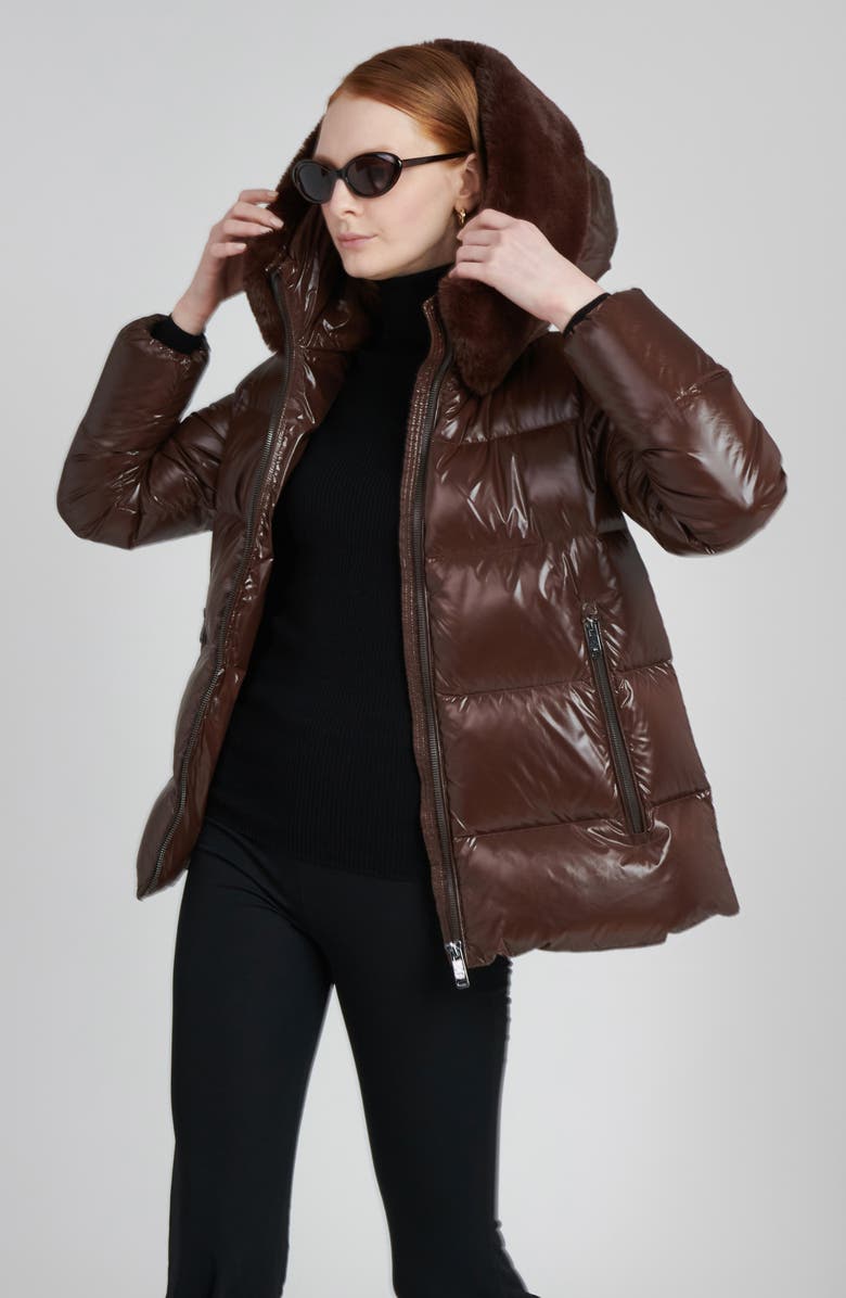 The Recycled Planet Company Water Resistant Nylon Down Puffer Coat with Faux Fur Trim, Alternate, color, Dark Coffee