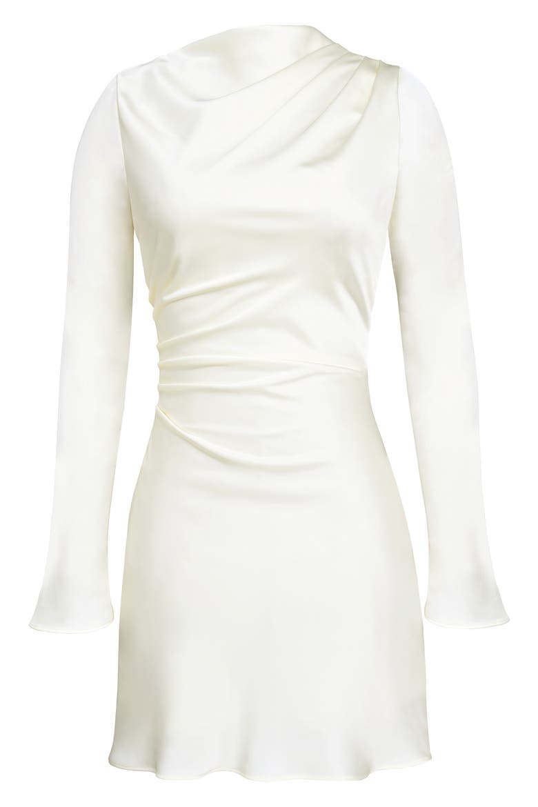 satin long sleeve mini dresses White Silk Satin Mini Dress With Long Sleeves and Open Back With Bow Tie, Elegant Short Satin Dress for Civil Wedding, Elopement, Rehearsal