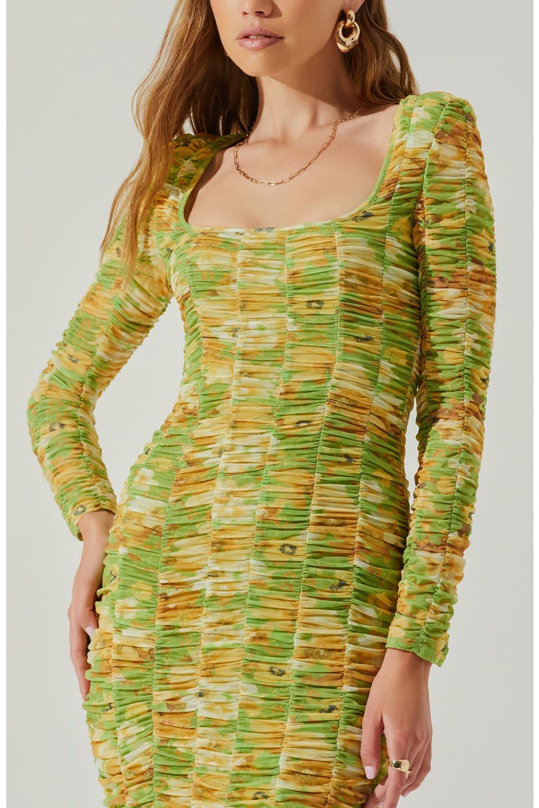 Yelina Floral Long Sleeve Ruched Dress, Alternate, color, LIME YELLOW