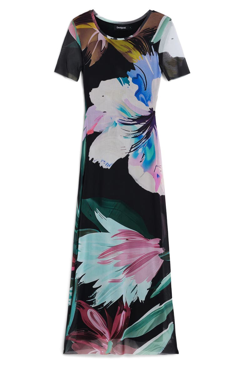 Floral Print Mesh Maxi Dress, Alternate, color, BLACK