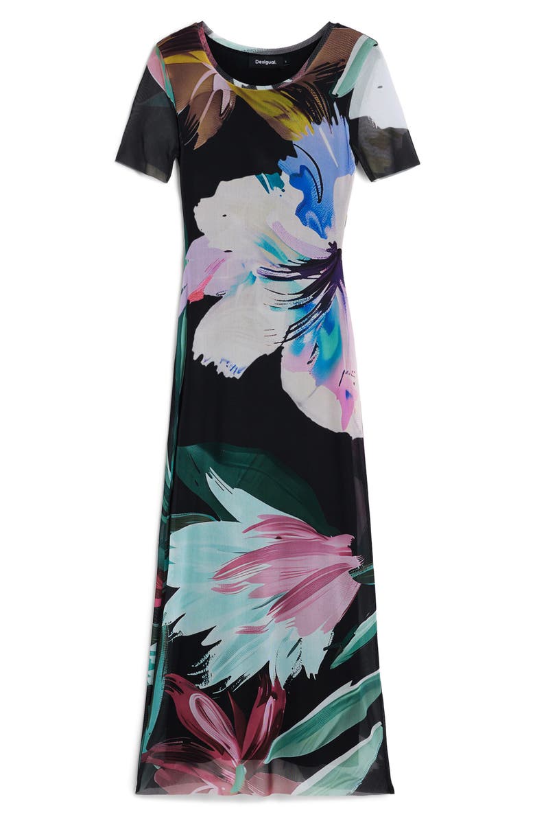Desigual Floral Print Mesh Maxi Dress, Alternate, color, Black