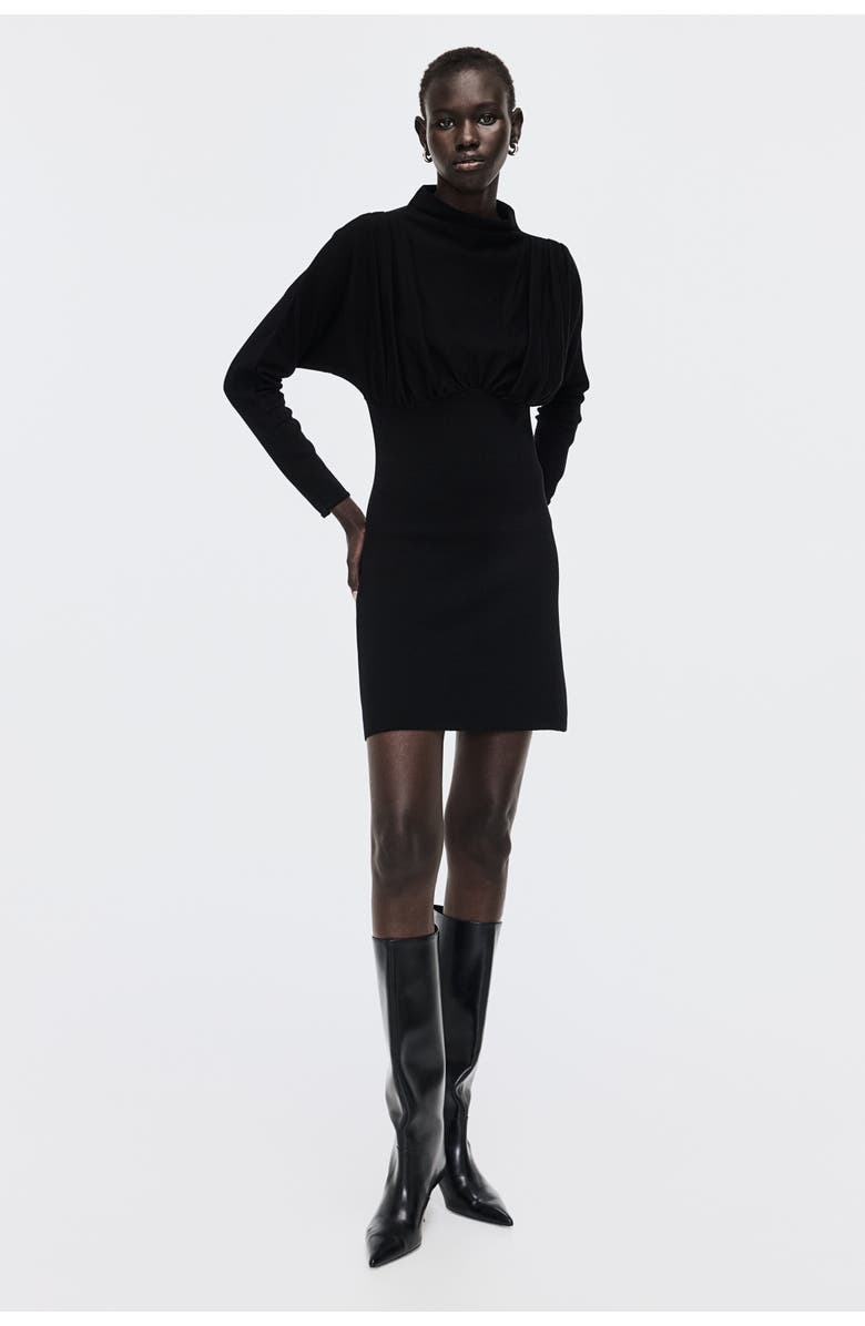 H&M Gathered Turtleneck Dress, Main, color, Black