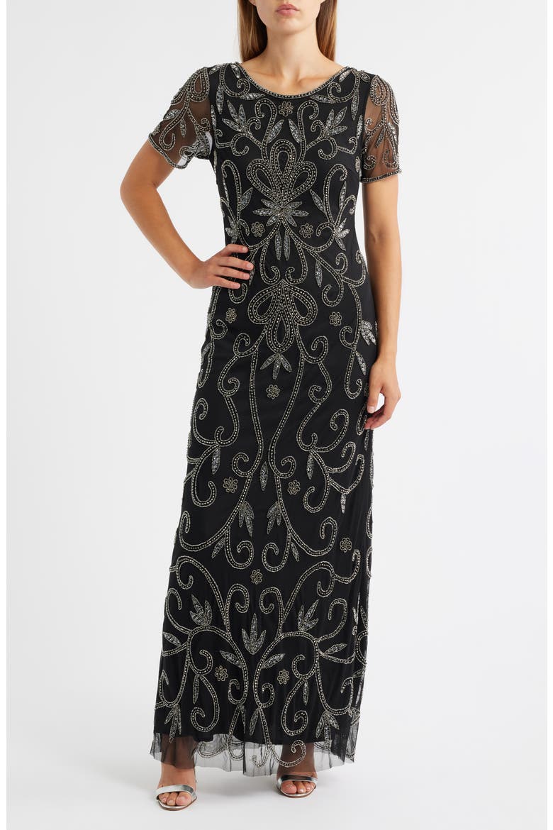 Beaded Gown, Main, color, BLACK/ SILVER